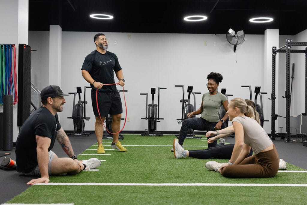 Close-up of Oak and Iron Fitness gym floor and workout gear in Cary facility