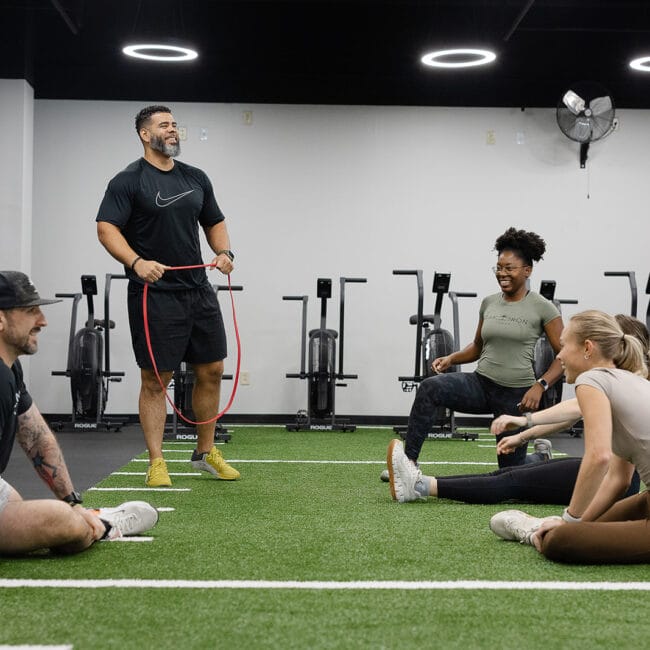 Cary 4 Close-up of Oak and Iron Fitness gym floor and workout gear in Cary facility